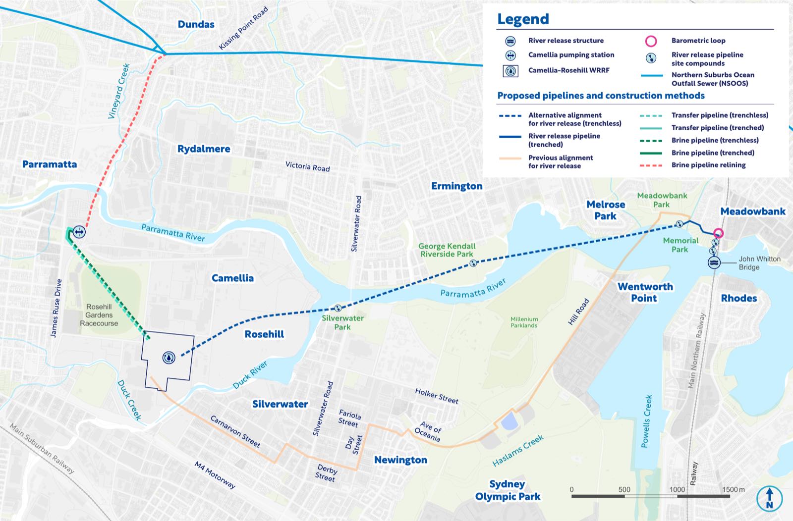 Sydney Water alignment map preview showing the Camellia–Rosehill treatment facility, proposed alternative river release pipeline via Silverwater Park and George Kendall Riverside Park to Meadowbank, and the outlet near John Whitton Bridge. The official Sydney Water PDF provides the detailed source map.